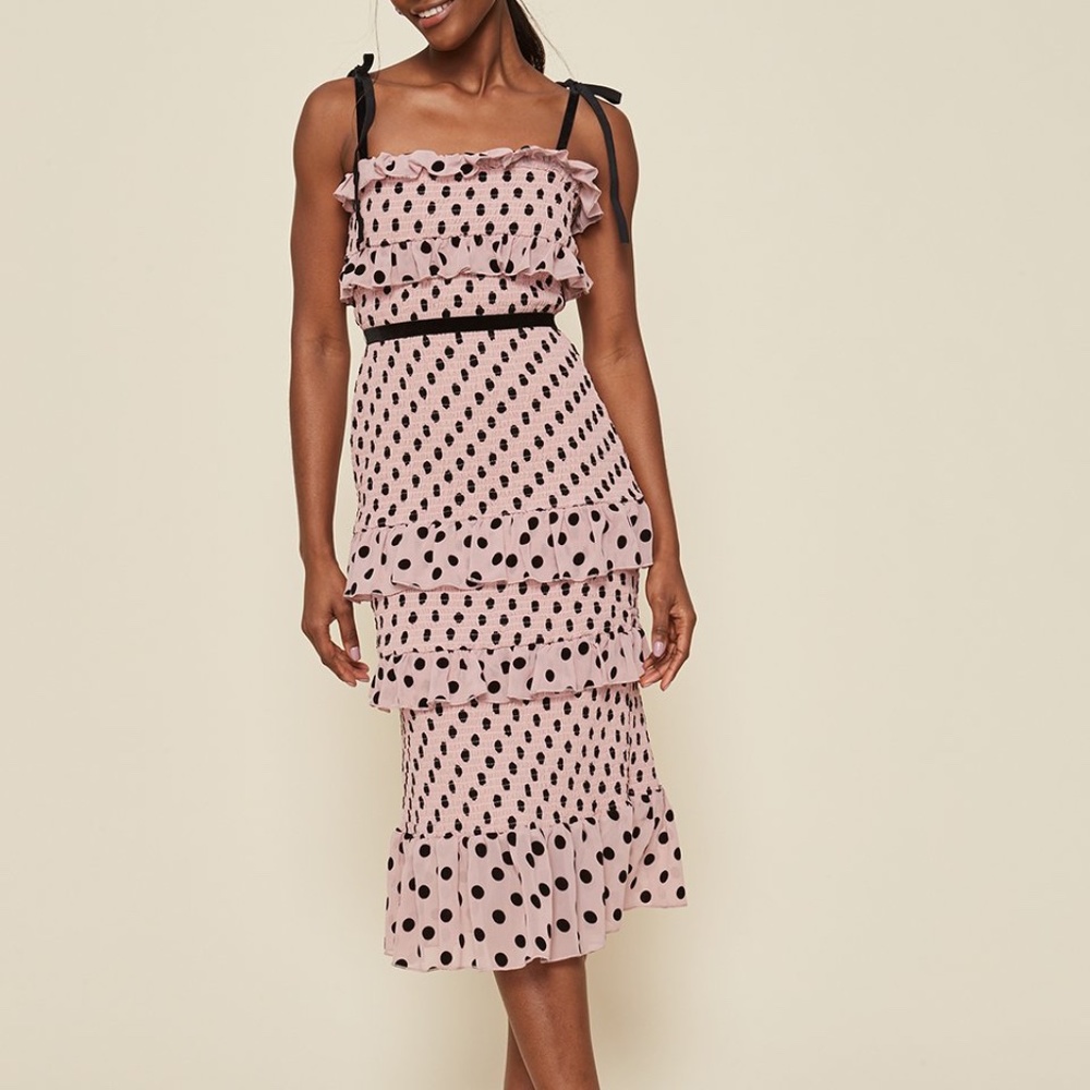 LPA Pink and Black Polka Dot Midi Dress